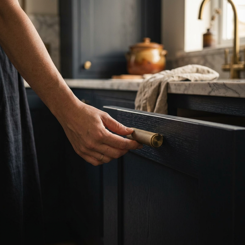 Solid Brass Knurled Cabinet Knob 2.16 inch 55mm - lifestyle photo, hand opening dark modern cabinet drawer