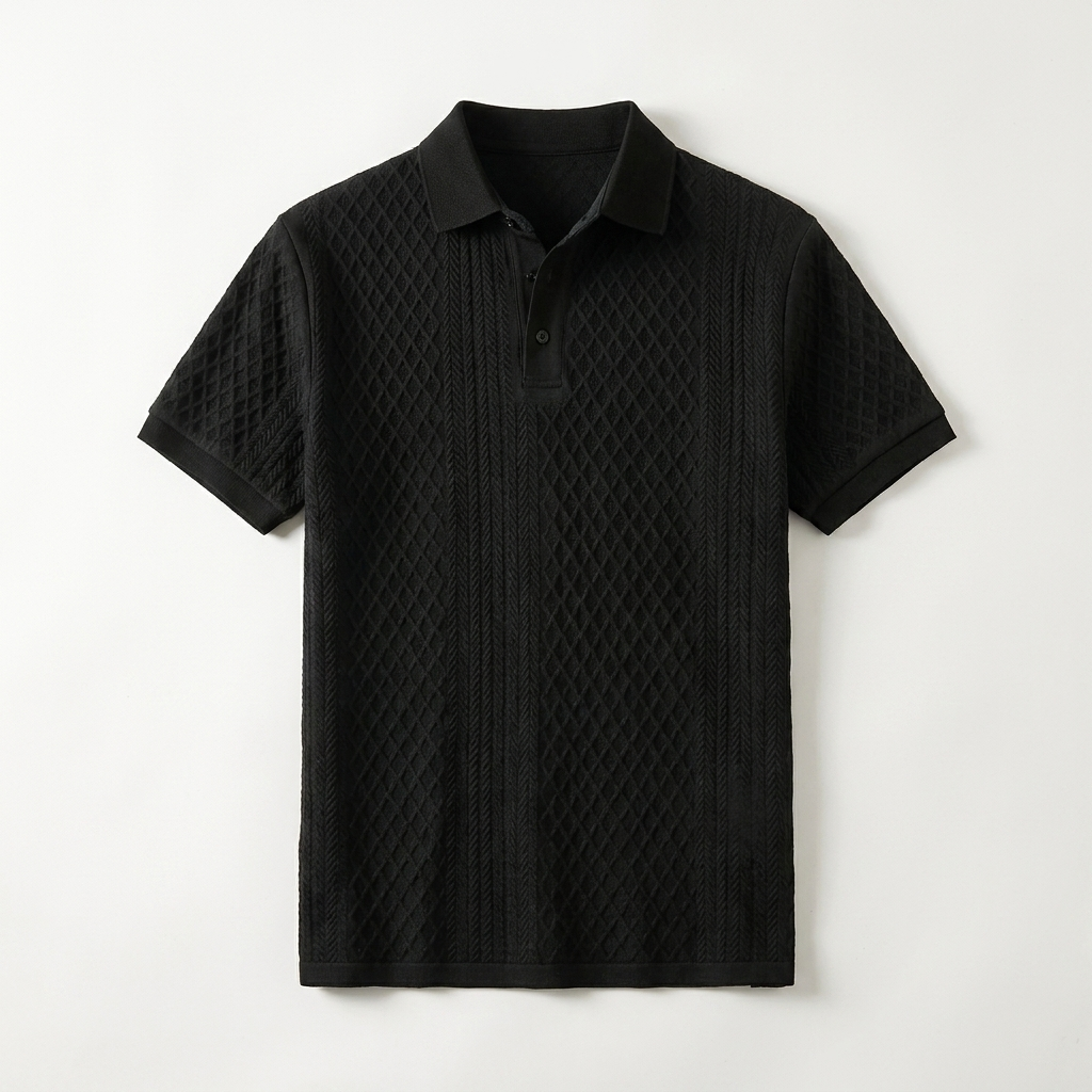 Khaki Diagonal Jacquard Knit Polo collar and placket detail