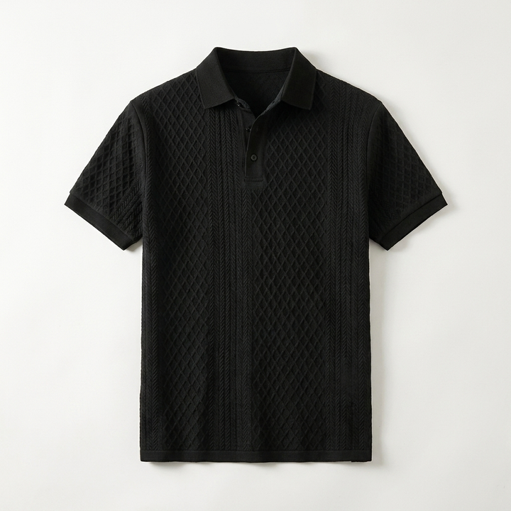 Khaki Diagonal Jacquard Knit Polo collar and placket detail