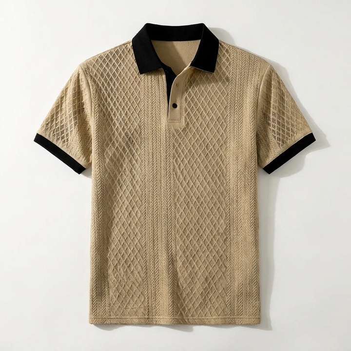 Khaki Diagonal Jacquard Knit Polo front view