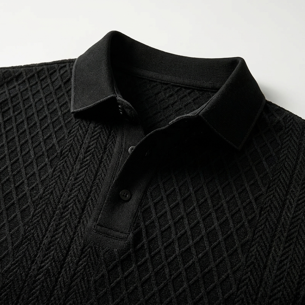 Diagonal Jacquard Knit Polo with Contrast Collar and Two-Button Placket