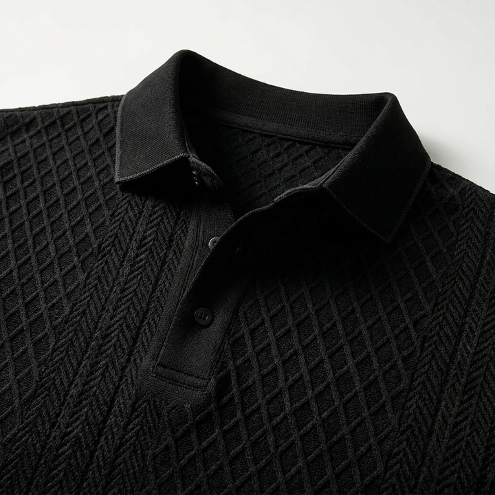 Diagonal Jacquard Knit Polo with Contrast Collar and Two-Button Placket