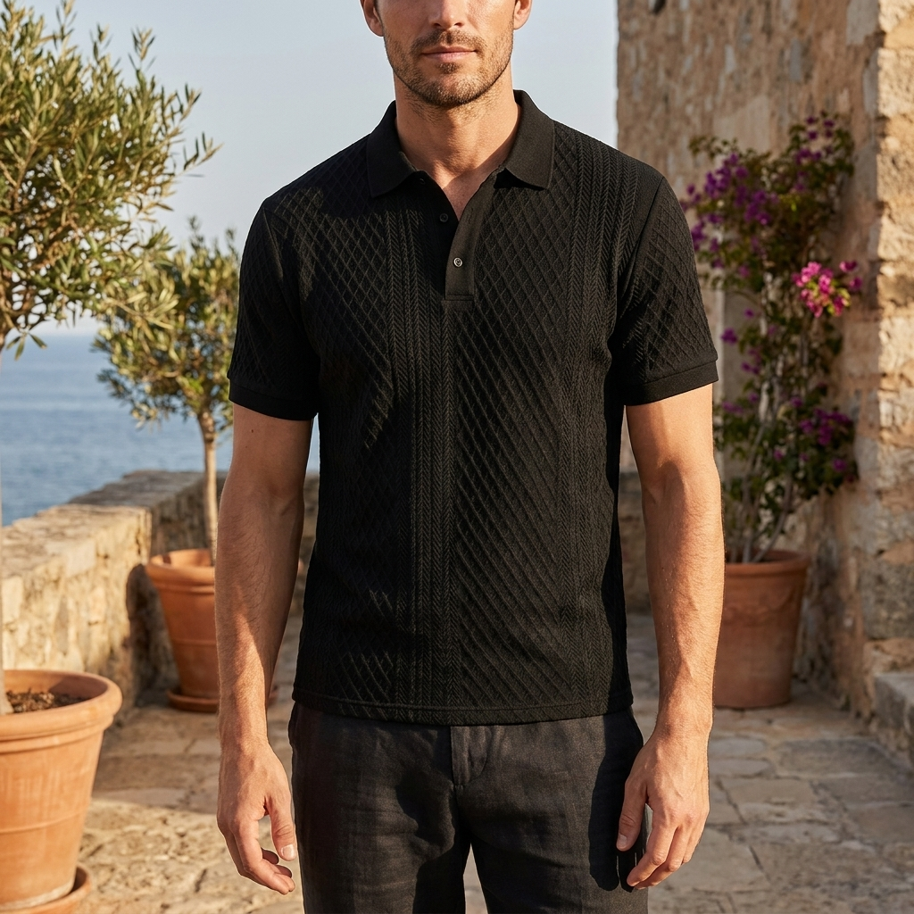 Diagonal Jacquard Knit Polo with Contrast Collar and Two-Button Placket