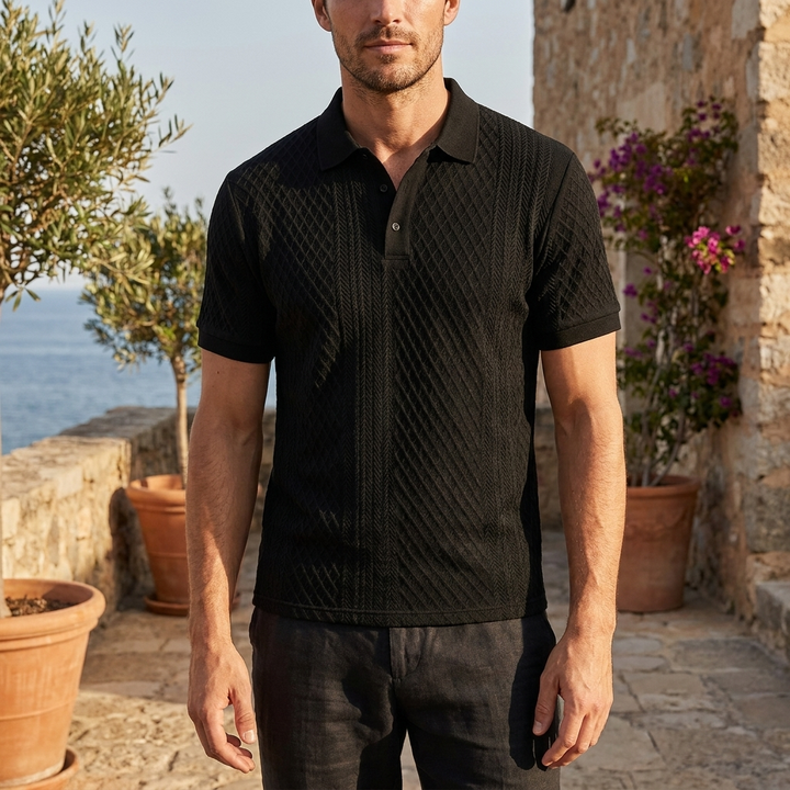 Diagonal Jacquard Knit Polo with Contrast Collar and Two-Button Placket
