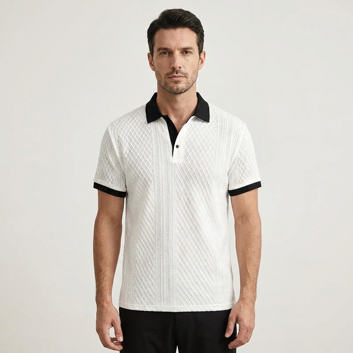 Black Diagonal Jacquard Knit Polo front view