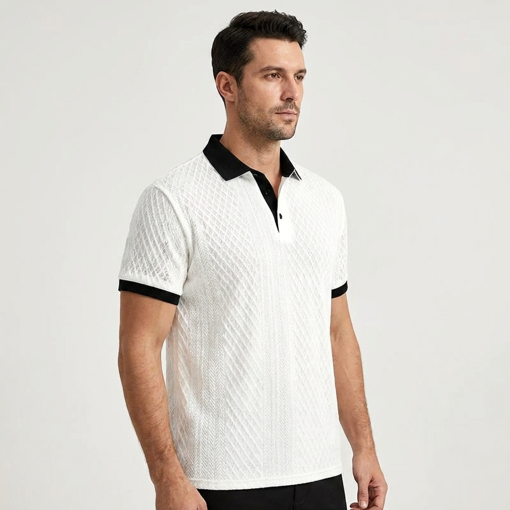 Black Diagonal Jacquard Knit Polo back view