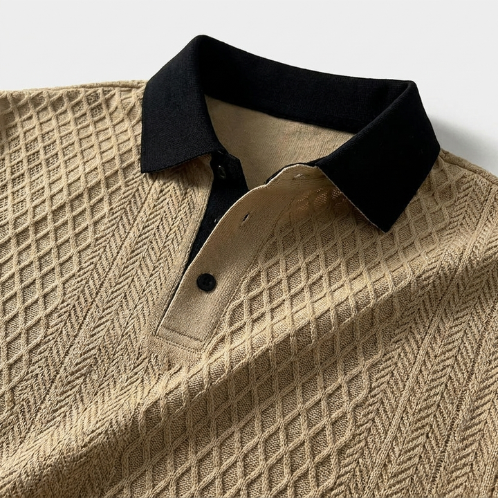 White Diagonal Jacquard Knit Polo front view