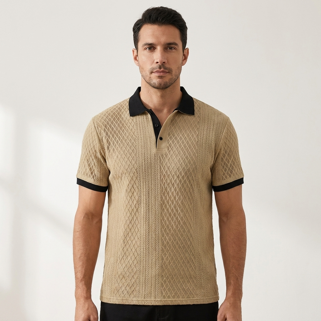 White Diagonal Jacquard Knit Polo back view