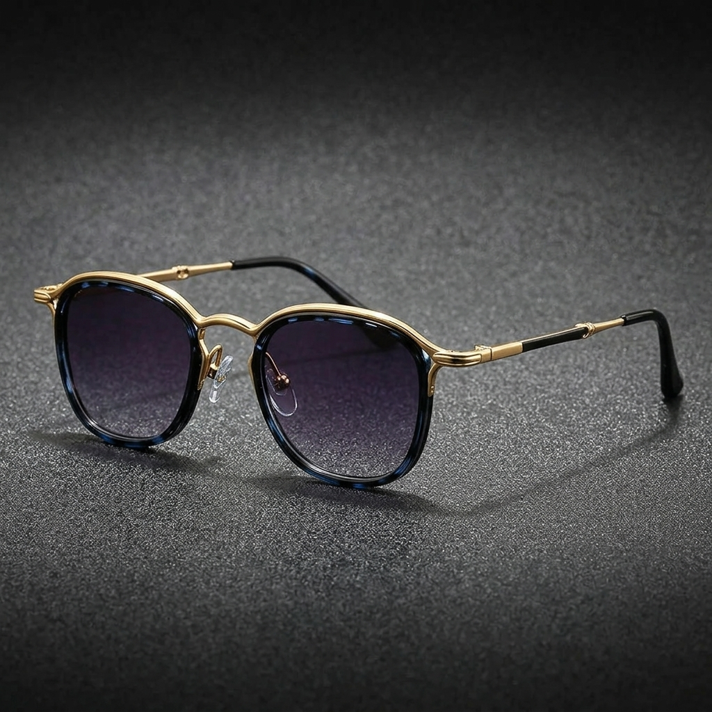 Blue Leopard Two-Tone Round Metal Sunglasses front view