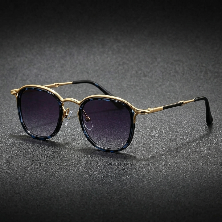 Blue Leopard Two-Tone Round Metal Sunglasses front view