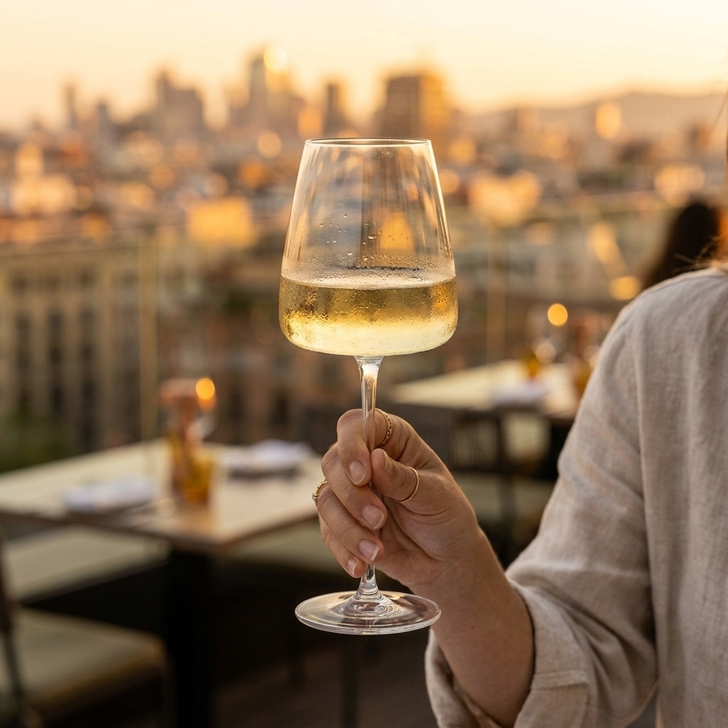 Artisan Lead-Free Crystal Drinkware Set white wine glass rooftop sunset lifestyle