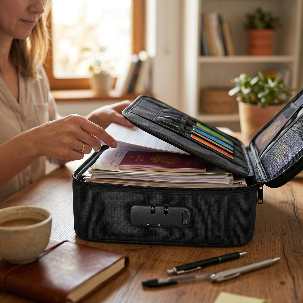 Black fireproof document safe lifestyle hero shot