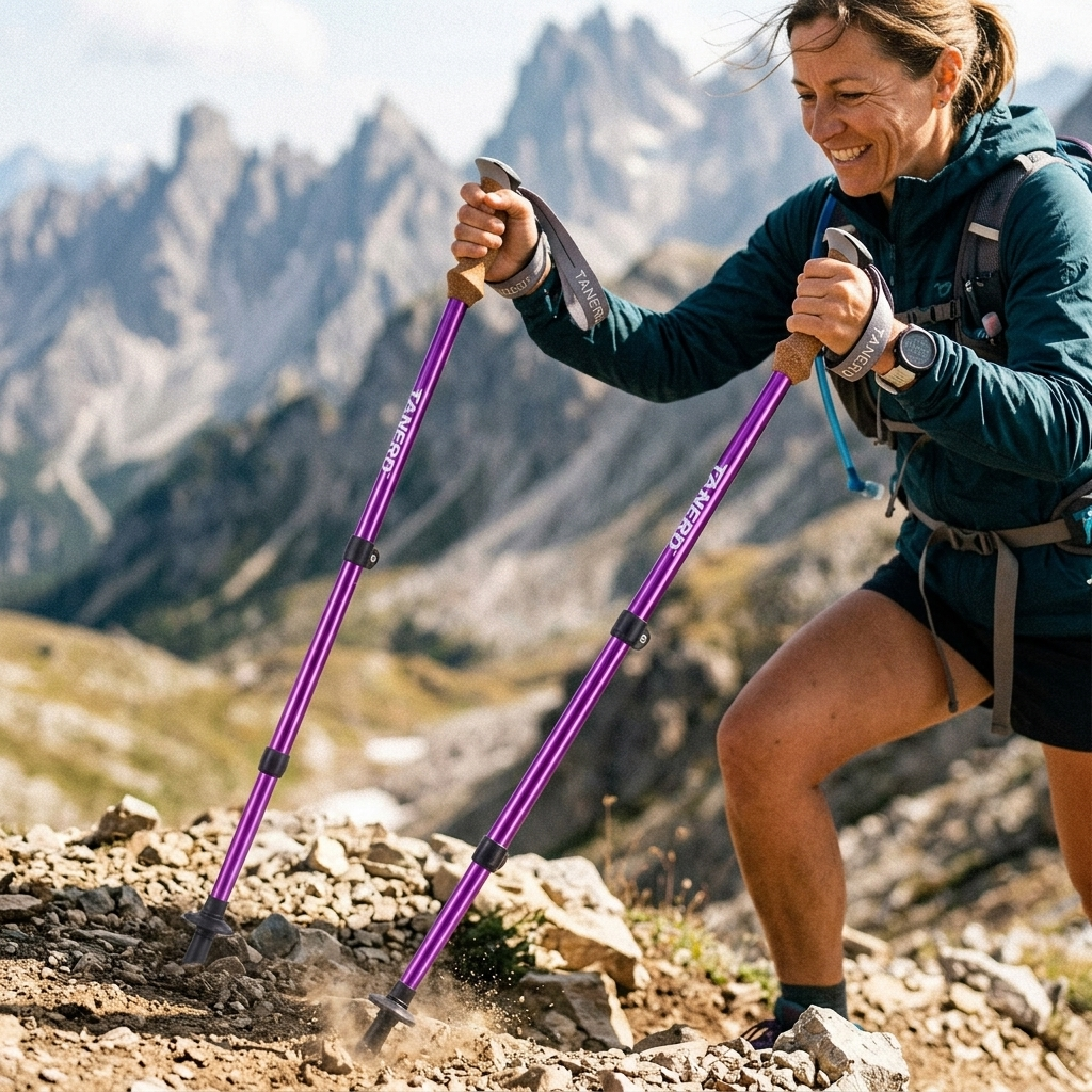 Violet trekking poles lifestyle hero shot