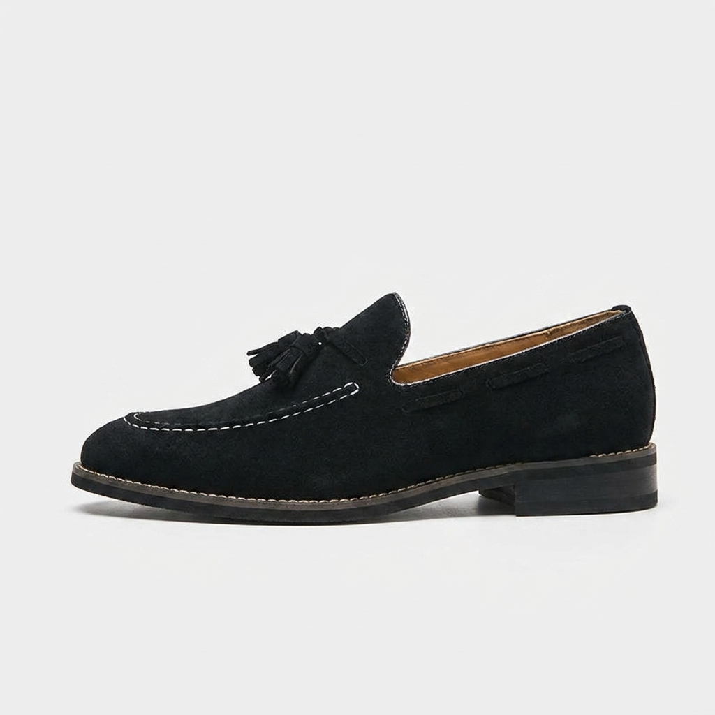 Suede Tassel Loafers with Hand-Stitched Moc Seam and Rubber Outsole