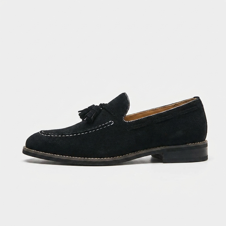 Suede Tassel Loafers with Hand-Stitched Moc Seam and Rubber Outsole