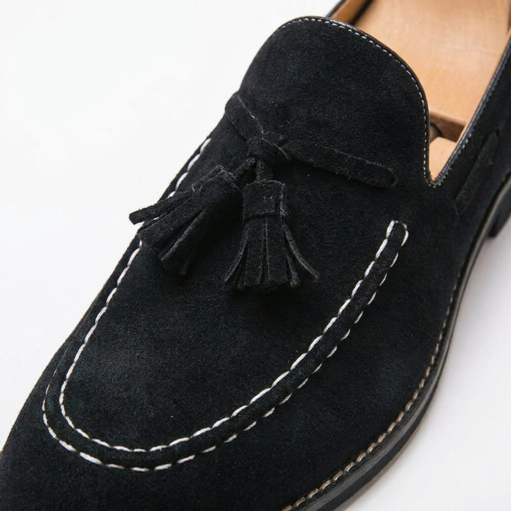 Suede Tassel Loafers with Hand-Stitched Moc Seam and Rubber Outsole