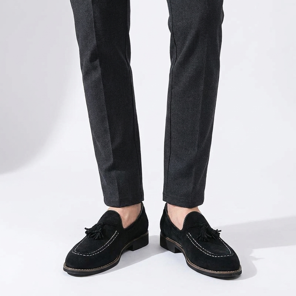 Suede Tassel Loafers with Hand-Stitched Moc Seam and Rubber Outsole