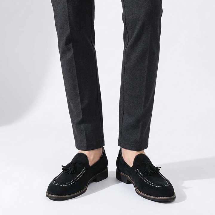 Suede Tassel Loafers with Hand-Stitched Moc Seam and Rubber Outsole