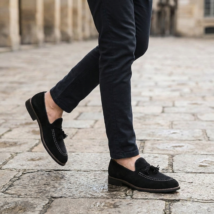 Suede Tassel Loafers with Hand-Stitched Moc Seam and Rubber Outsole