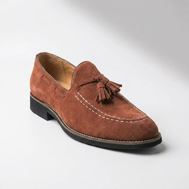 Suede tassel loafers front view
