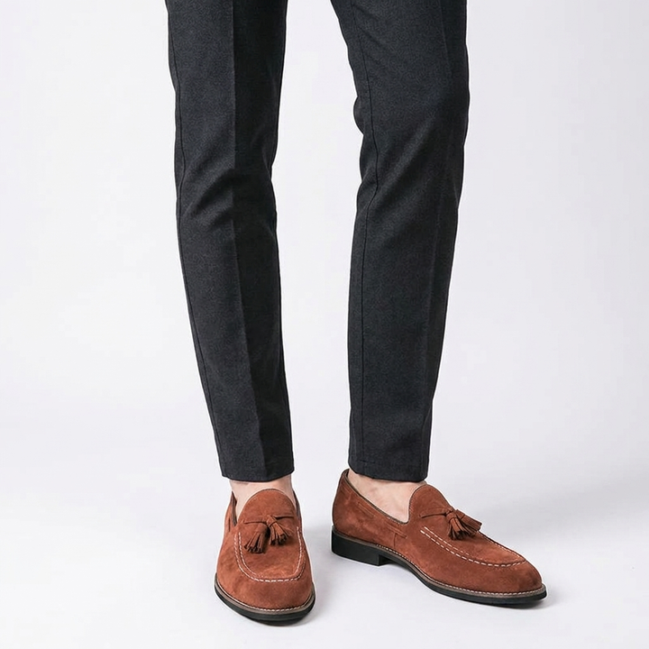 Suede tassel loafers texture close-up