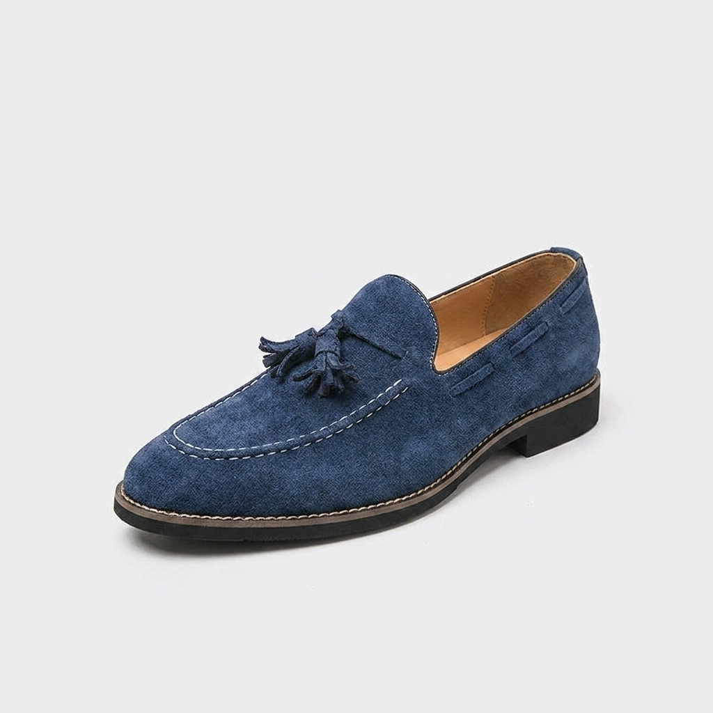 Suede tassel loafers side profile
