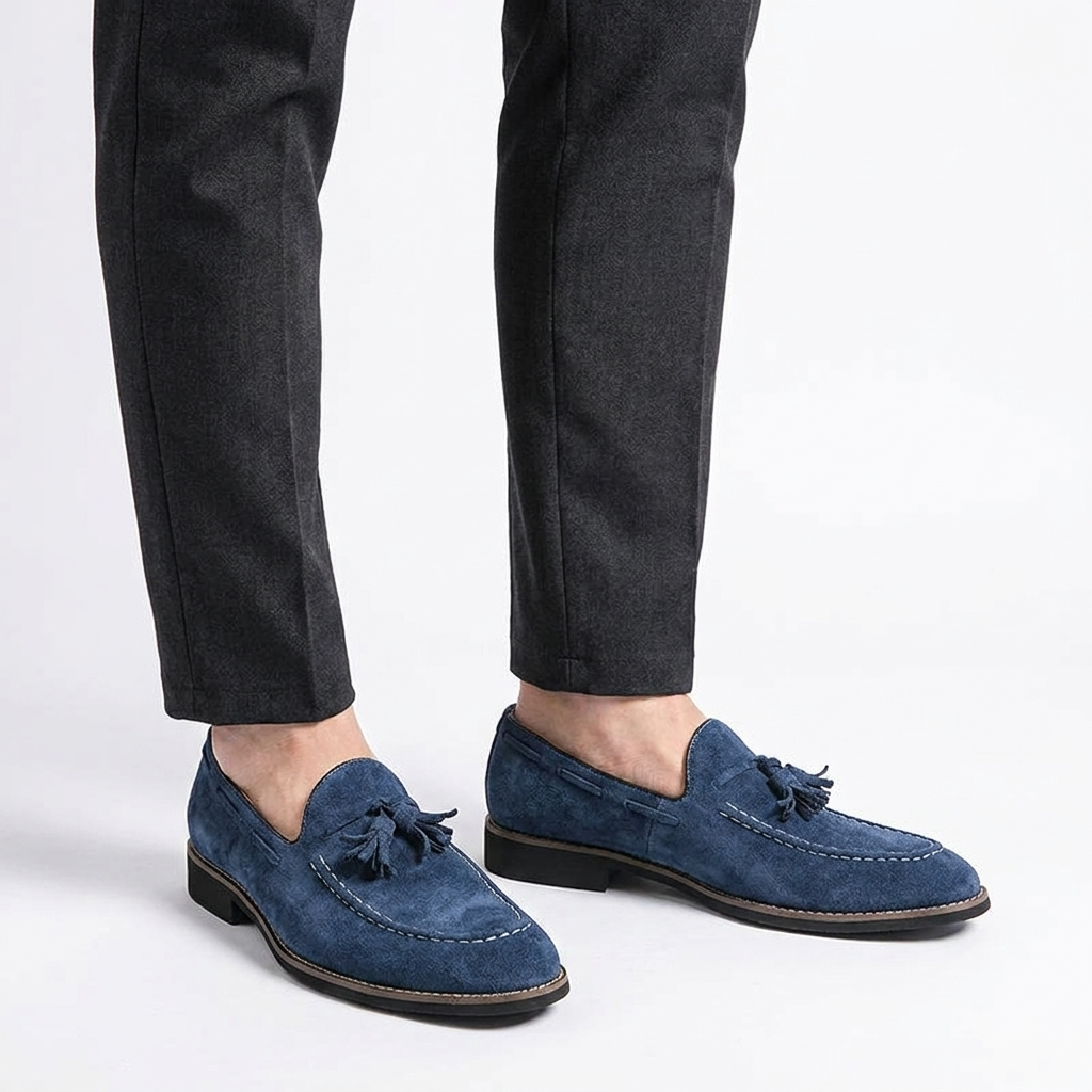 Suede Tassel Loafers with Hand-Stitched Moc Seam and Rubber Outsole
