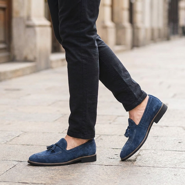 Suede Tassel Loafers with Hand-Stitched Moc Seam and Rubber Outsole