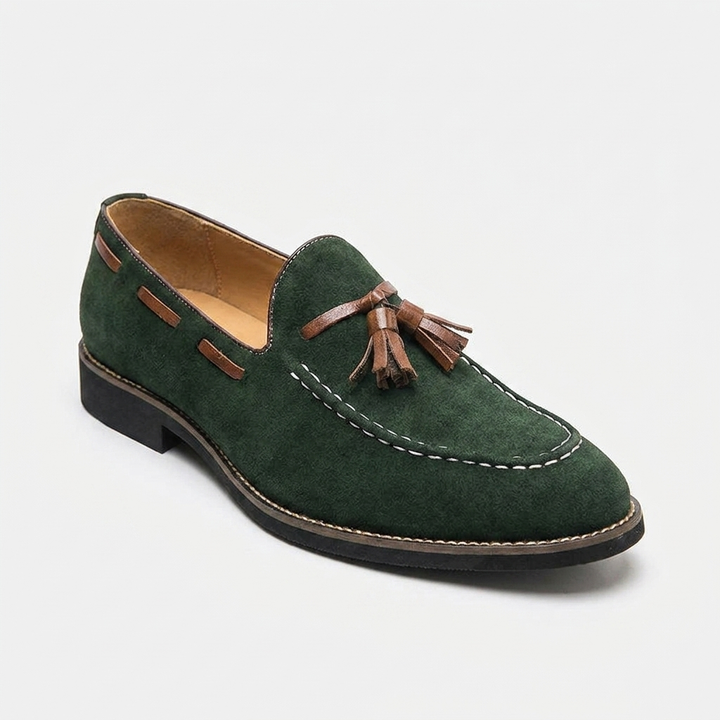 Suede tassel loafers top view