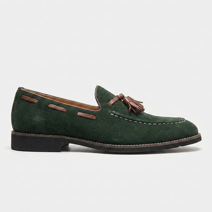 Suede Tassel Loafers with Hand-Stitched Moc Seam and Rubber Outsole