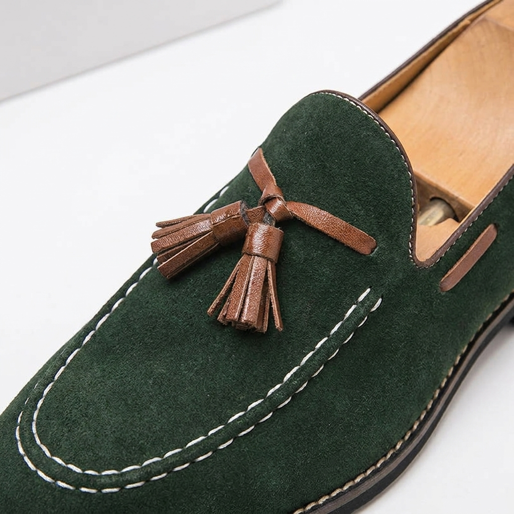 Suede Tassel Loafers with Hand-Stitched Moc Seam and Rubber Outsole