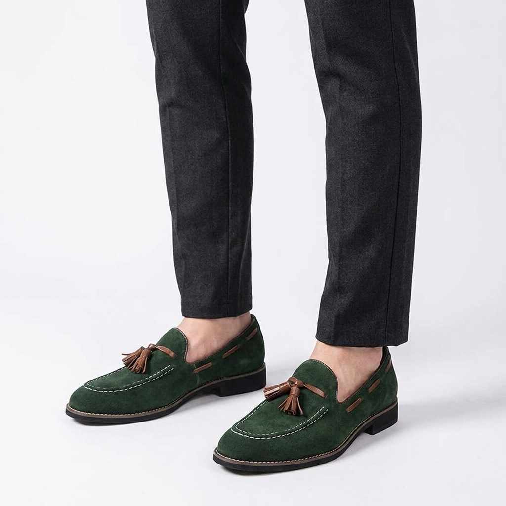 Suede Tassel Loafers with Hand-Stitched Moc Seam and Rubber Outsole