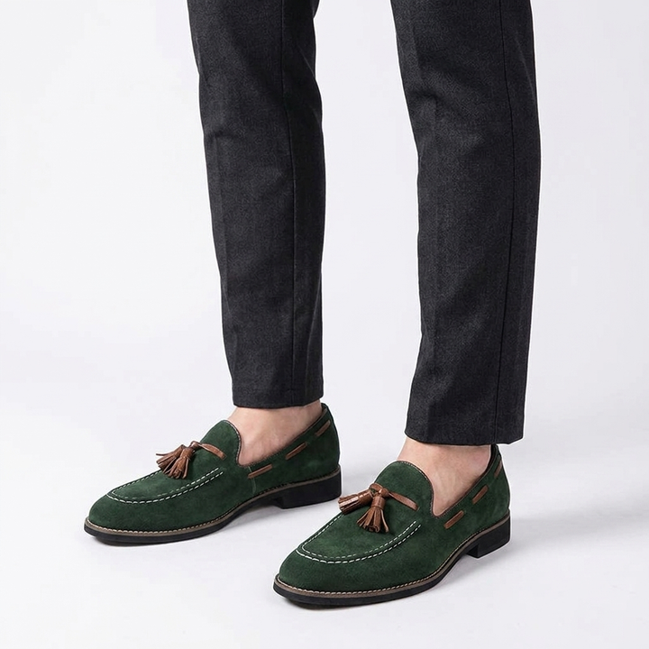 Suede Tassel Loafers with Hand-Stitched Moc Seam and Rubber Outsole