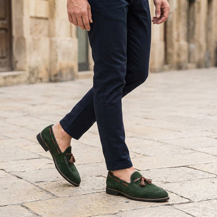 Suede Tassel Loafers with Hand-Stitched Moc Seam and Rubber Outsole