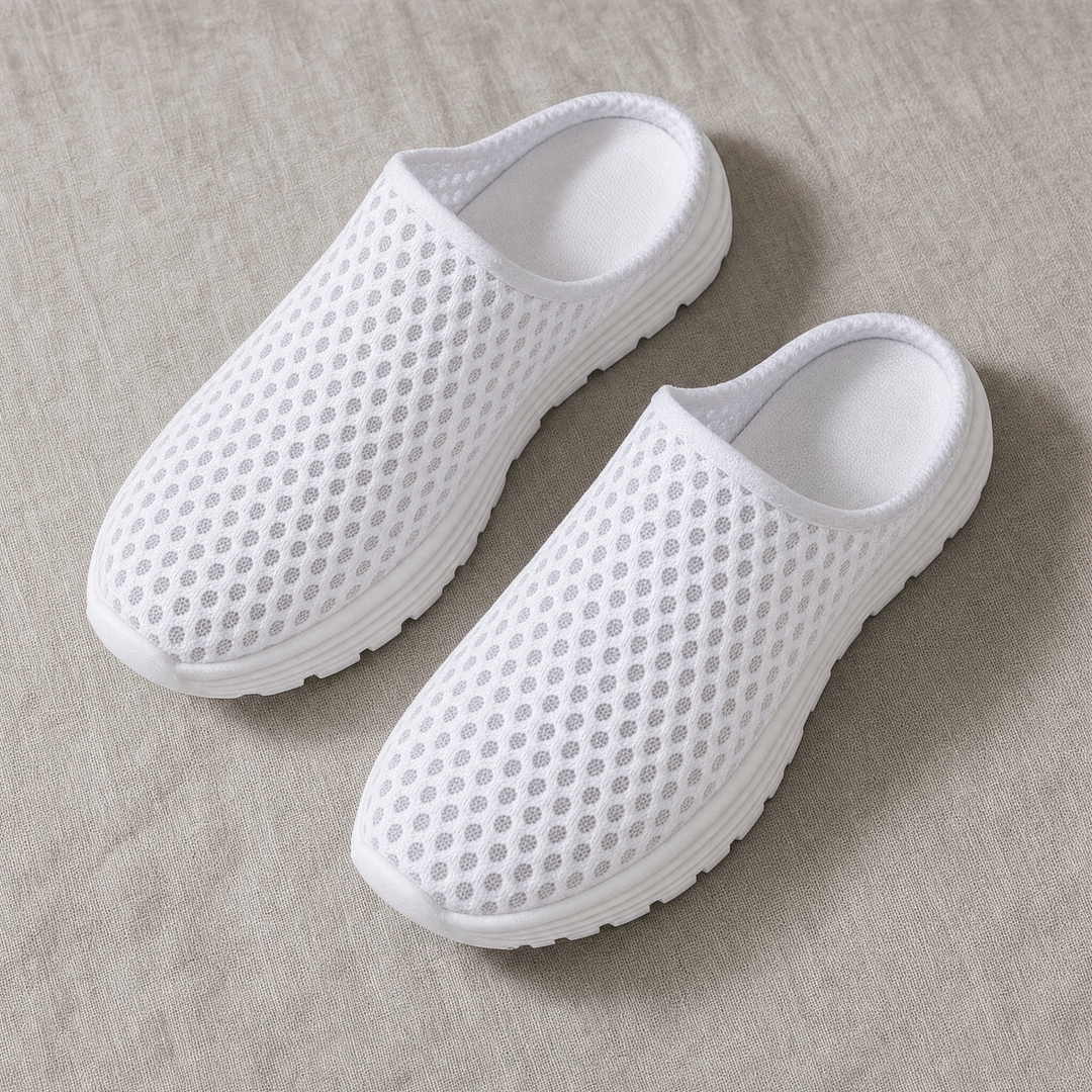 White Orthopedic Mesh Slip-On Sneakers pair flat lay