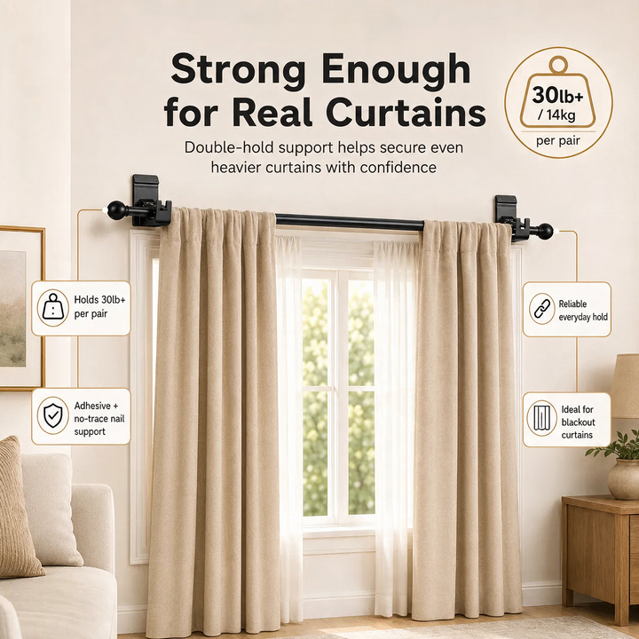 No-Drill Adhesive Curtain Brackets holding heavy curtains in living room