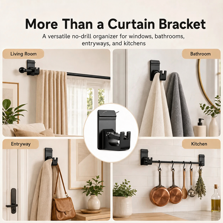 No-Drill Adhesive Curtain Brackets shown in living room, bathroom, entryway, and kitchen uses