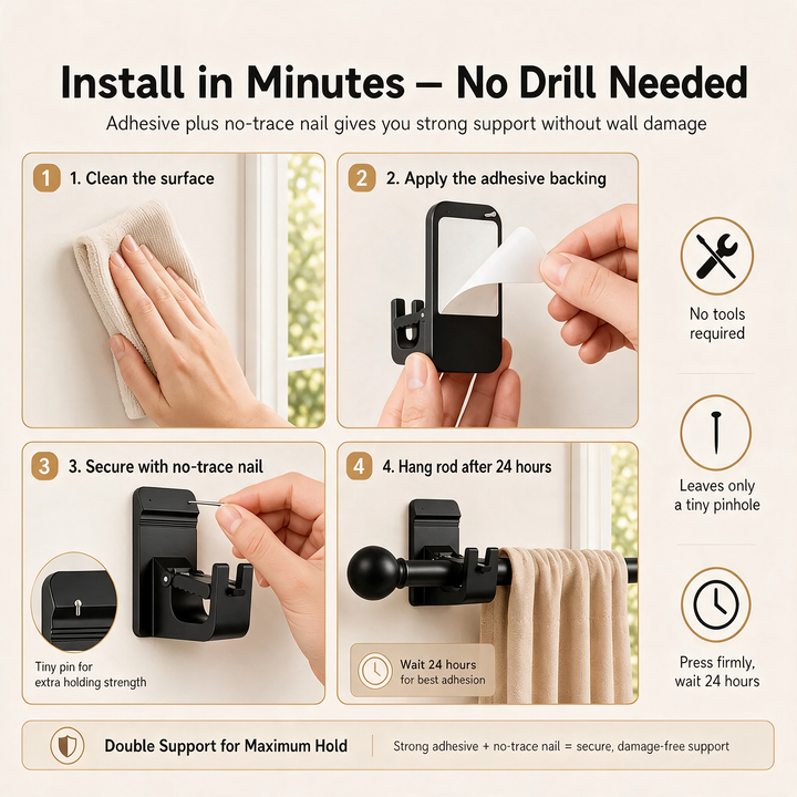 No-Drill Adhesive Curtain Brackets installation steps diagram