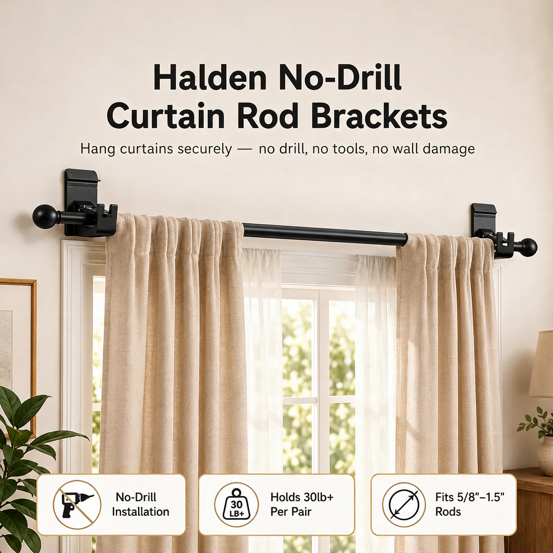 No-Drill Adhesive Curtain Brackets installed on window holding curtain rod and curtains