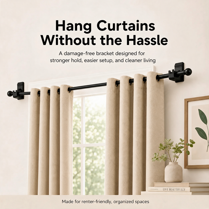 No-Drill Adhesive Curtain Brackets lifestyle shot in styled living room