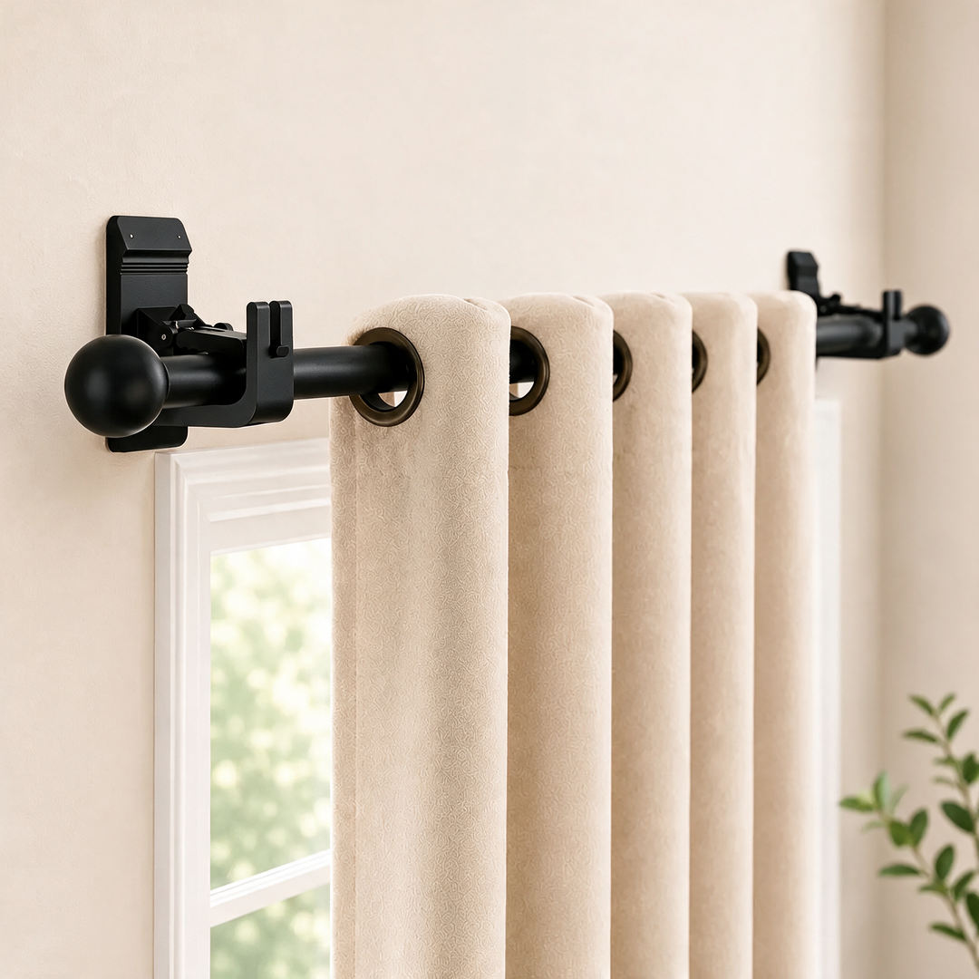 No-Drill Adhesive Curtain Brackets mounted on wall holding curtain rod, close-up