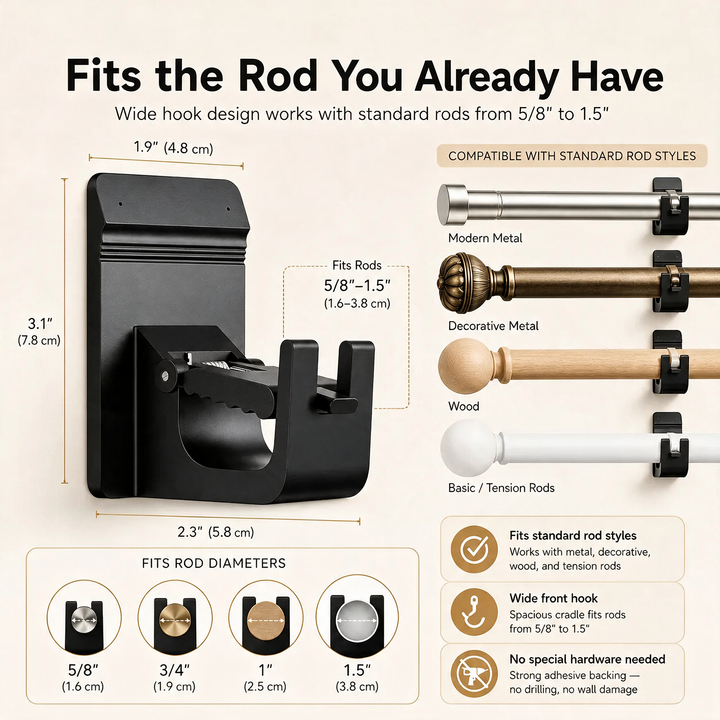 No-Drill Adhesive Curtain Brackets size dimensions and rod compatibility chart