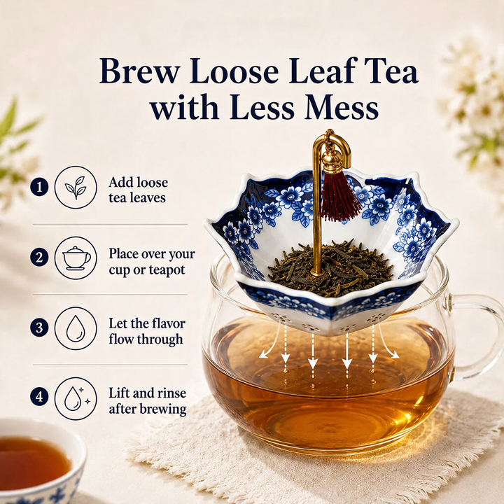 Celadon Swiveling Porcelain Tea Filter brewing steps infographic