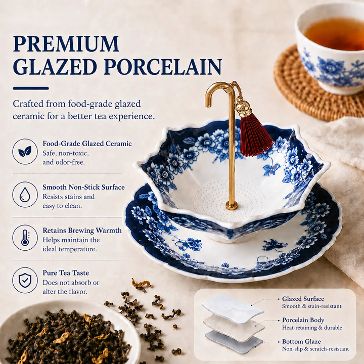 Celadon Swiveling Porcelain Tea Filter material infographic