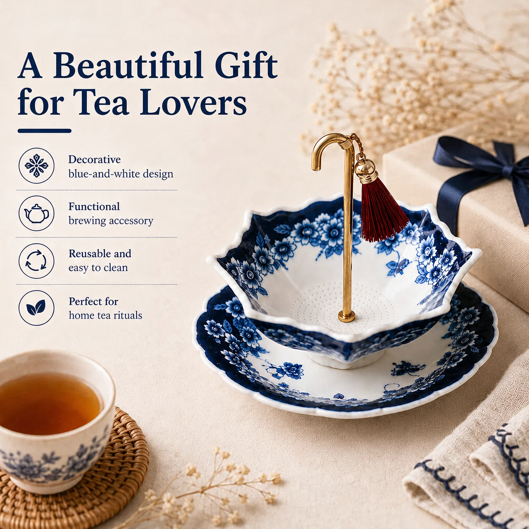 Celadon Swiveling Porcelain Tea Filter gift packaging infographic
