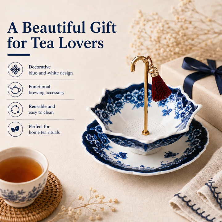 Celadon Swiveling Porcelain Tea Filter gift packaging infographic