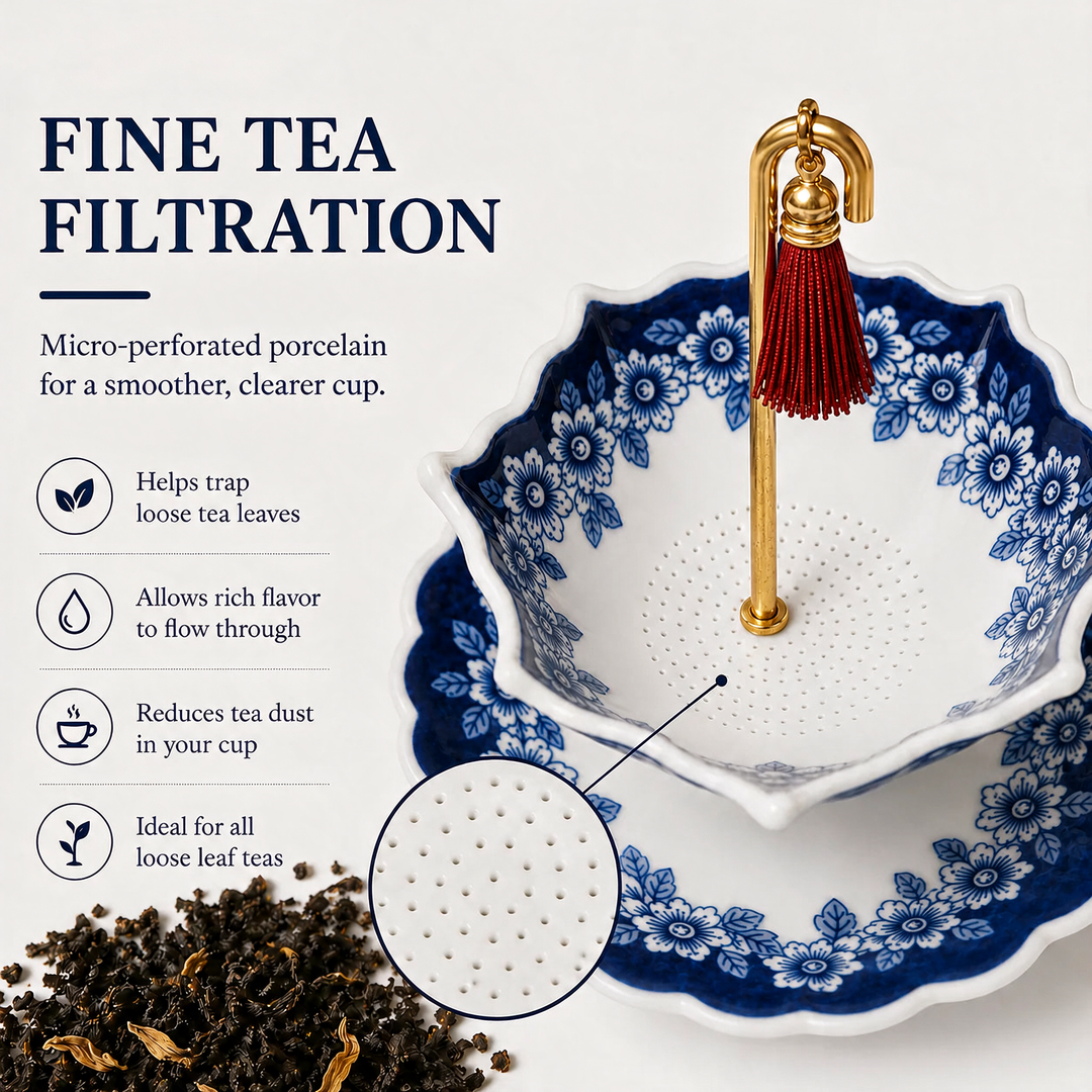 Celadon Swiveling Porcelain Tea Filter filtration detail infographic