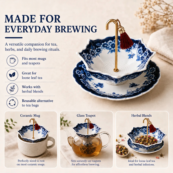 Celadon Swiveling Porcelain Tea Filter usage scenarios infographic