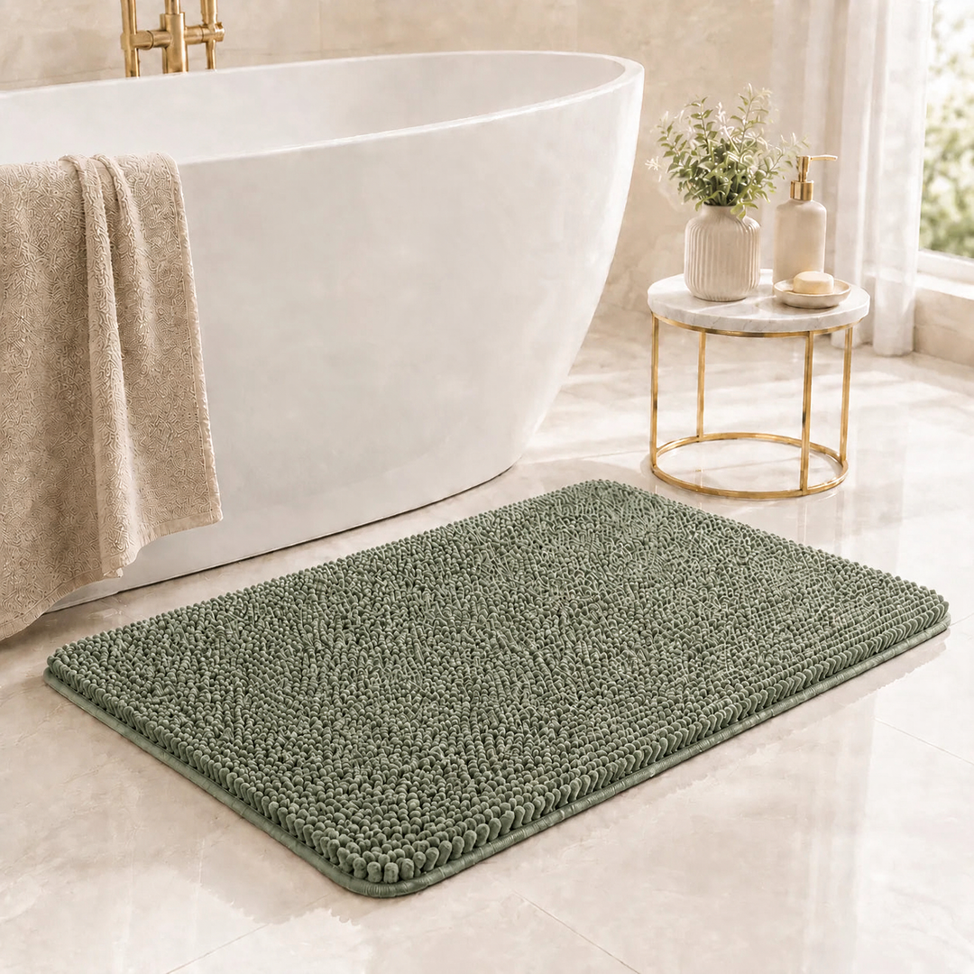 Green Kaelis Plush Chenille Bath Mat in bathroom by tub