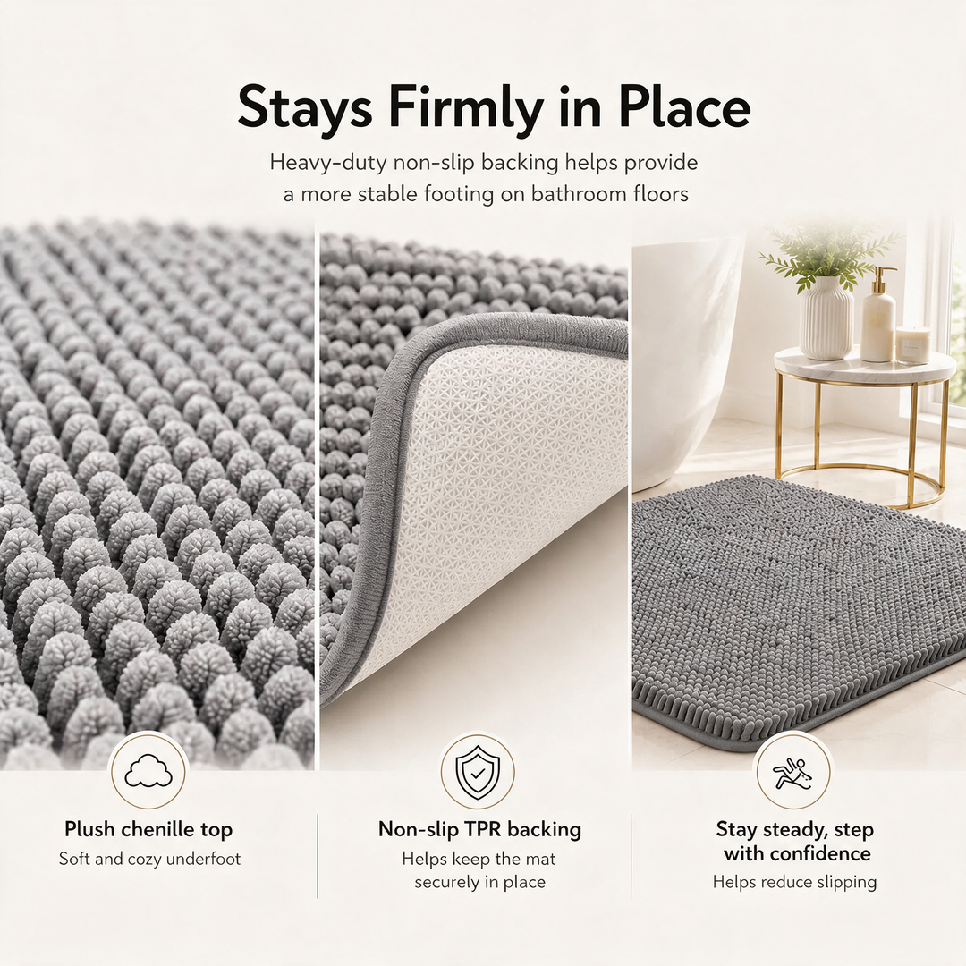 Kaelis Plush Chenille Bath Mat non-slip backing and pile detail